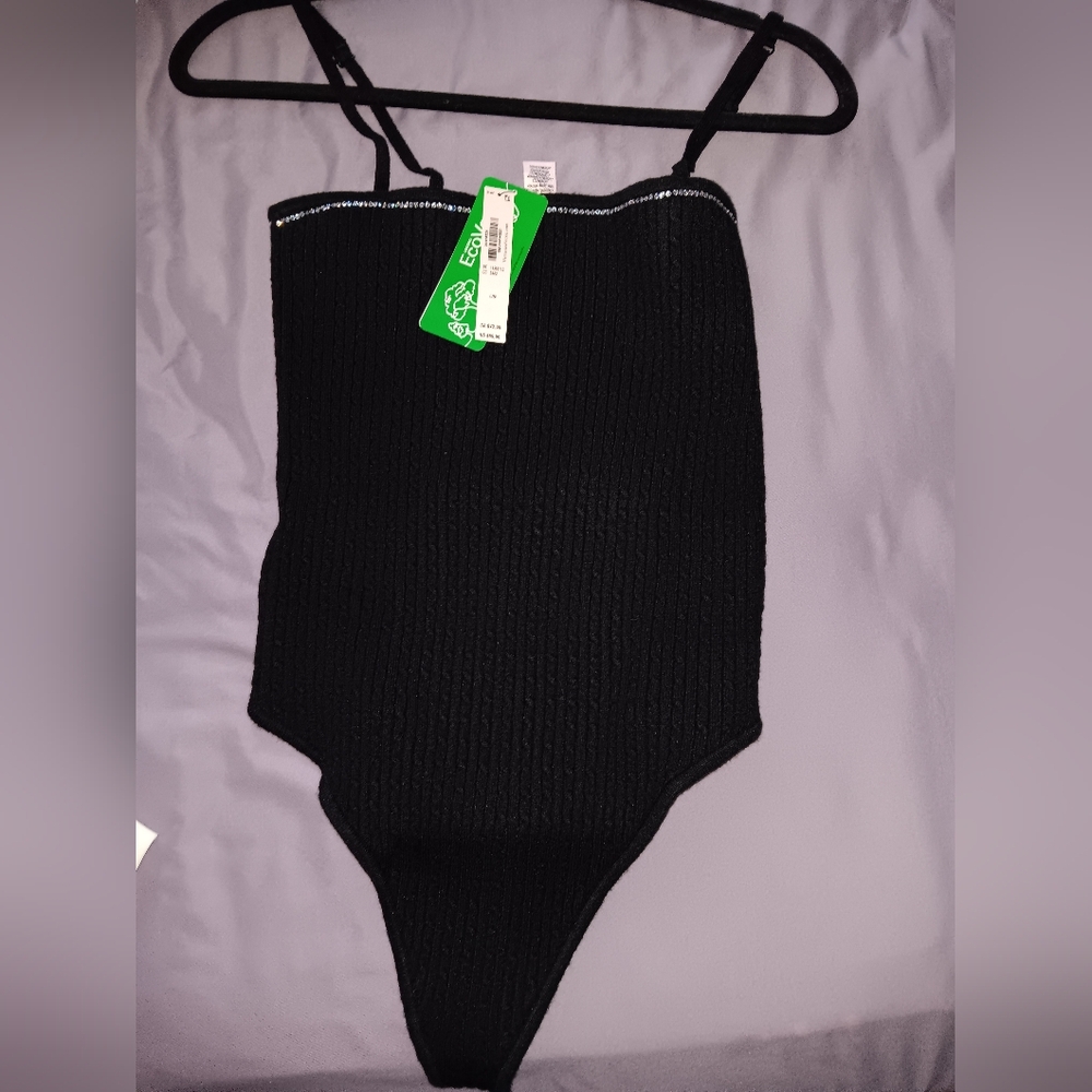 Victoria's Secret Black and Rhinestones Luxe Cable Knit Shine Bodysuit - Picture 2 of 6